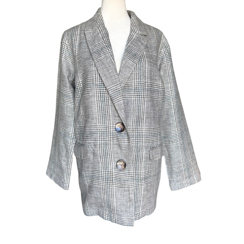 J.Jill Blazer Women S Petite Gray Glen Plaid Linen Blend Two Button Lined